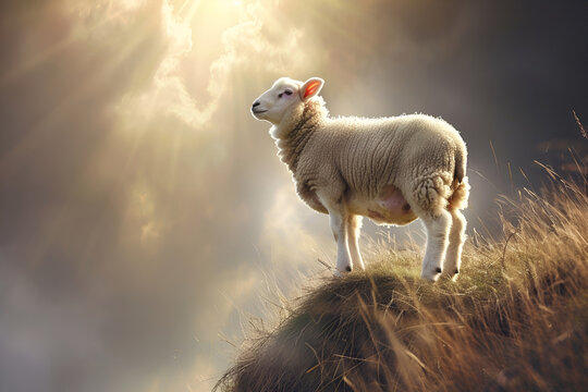 A white lamb stands on a hill in the rays of the sun, a symbol of Judaism
