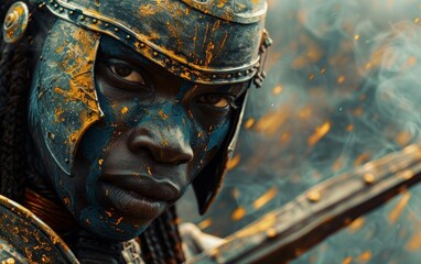 The Afrofuturism warrior knight, clad in shimmering armor, stands ready to battle for a brighter future.