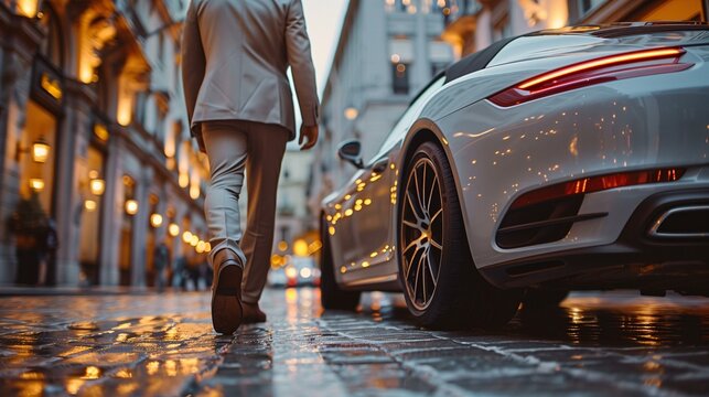 elegant man in suit walking towards his sports car, sunset in the city, cobblestone floor, winter landscape - Powered by Adobe