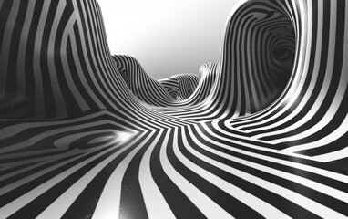 A unique 3D rendering of an abstract striped surface in black and white creates a visually striking pattern.