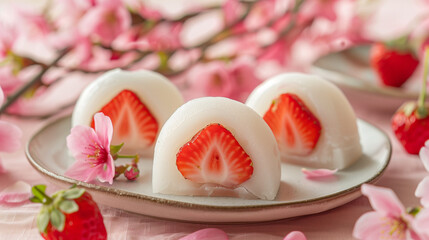 Strawberry Daifuku, Strawberry Wrapped in Mochi. Delicious Japanese Asian dessert on white table. White mochi made of white rice flour and filled with fresh strawberries berries. Japanese strawberry.