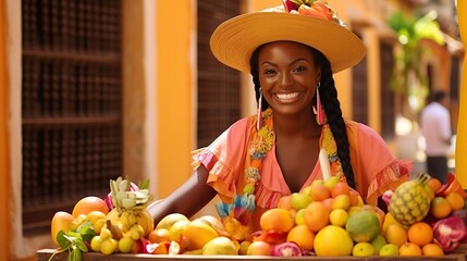 Traditional fresh fruit street vendor aka Palenquera in the Old Town of Cartagena in Cartagena de Indias, Caribbean Coast Region, Colombia.


