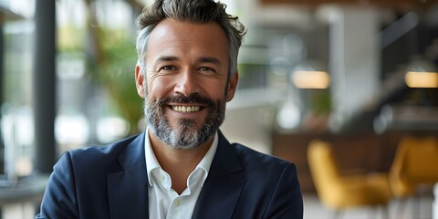 Obraz premium Confident Bearded Businessman Smiling in Modern Office Environment. Concept Confident, Bearded, Businessman, Smiling, Modern Office Environment