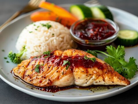Delicious catfish fillet with sauce, rice and vegetables