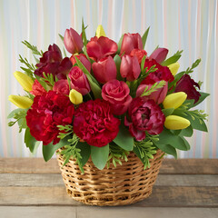 Free photo small basket with stunning a bouquet of red flowers AI generative image.