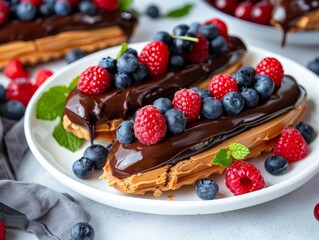 Delicious french eclair close-up with berries on white plate