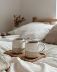 Fototapeta na wymiar Coffee cups on wooden tray on bed in bedroom. Cozy morning.