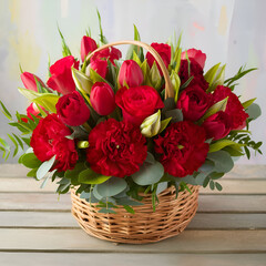 Free photo small basket with stunning a bouquet of red flowers AI generative image.