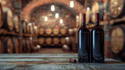Two bottles of red wine on wooden table in cellar. - obrazy, fototapety, plakaty