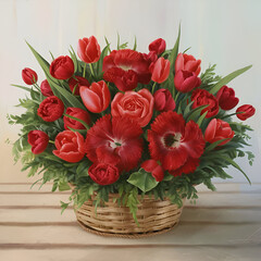 Obraz premium Free photo full of small basket with beautiful red flowers AI generative image.