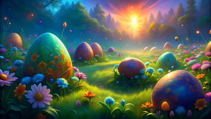 Fototapeta na wymiar An artwork featuring colorful Easter eggs nestled in a natural setting, such as a grassy field or a blooming garden, symbolizing new life and renewal.
