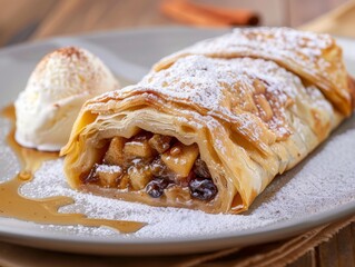 Traditional pieces of apple strudel with cinnamon,raisin, powdered sugar and vanilla ice cream