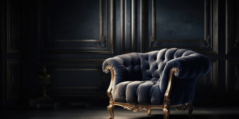 Luxury Blue Armchair in dark Interior in classic style, copy space