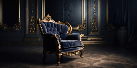 Dark Blue and Gold Luxury Armchair in Classic Interior, copy space