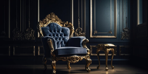 Blue and Gold Velvet Armchair in luxury Interior. Blue and Golden Chair in Royal style in Dark...