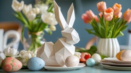 Origami Bunny Amidst Vibrant Easter Tulips and Eggs