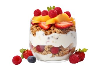 Yogurt Parfait with Granola Greek yogurt and fruit Topped with honey Isolated on transparent background.