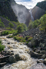 Summer view of the beautiful waterfall Njupeskar in northern Sweden