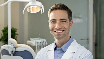 A male dentist in his surgery, office smiling, oral health