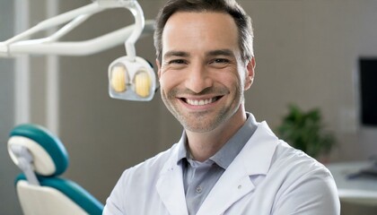 A male dentist in his surgery, office smiling, oral health
