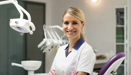 A female dentist in her surgery, office smiling, oral health