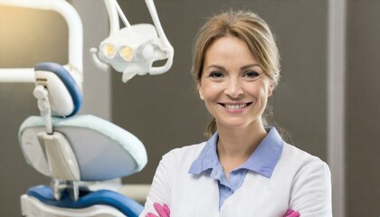 A female dentist in her surgery, office smiling, oral health