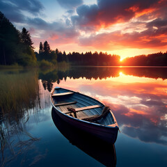 A serene lake with a rowboat at sunset.
