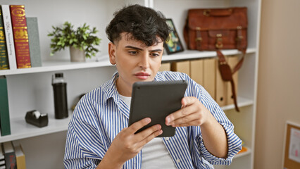 A young man in a striped shirt focused on a tablet in a modern office setting, expressing concentration and determination.
