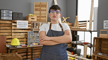 Confident young man in safety goggles stands with arms crossed in a well-organized carpentry...