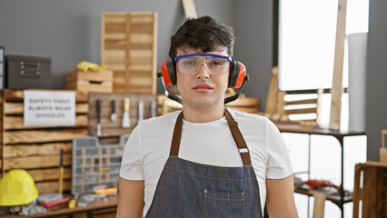 A young man wearing safety glasses and earmuffs stands confidently in a well-equipped carpentry...