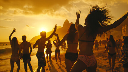Fototapeta premium People enjoying a festive beach party at sunset.