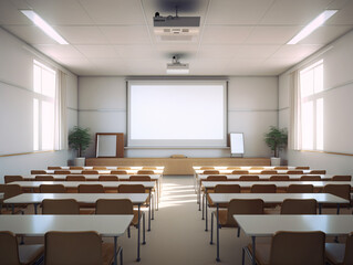 A classroom with a projector screen and a white board. There are many chairs in the room