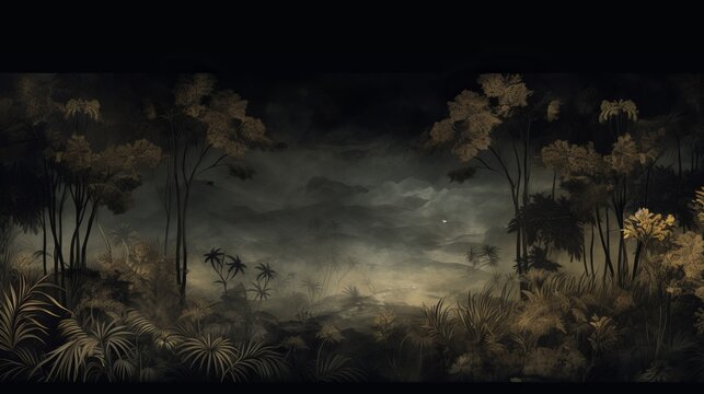 Tropical Exotic Landscape Wallpaper. Dark Gold Color, Hand Drawn Design. Luxury Wall Mural