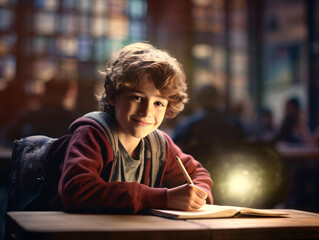 A boy is sitting at a desk with a pencil and a book. He is smiling and he is enjoying himself