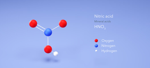 nitric acid molecule, molecular structures, oxidizing acids, 3d model, Structural Chemical Formula and Atoms with Color Coding