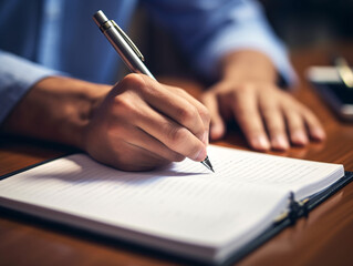 A man is writing in a notebook with a pen. He is focused on his writing and he is in a serious mood. The notebook is open to a page with a few lines of writing already on it