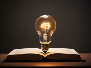 A light bulb is lit up and is sitting on top of an open book. The light bulb is glowing brightly, illuminating the pages of the book. Concept of curiosity and wonder