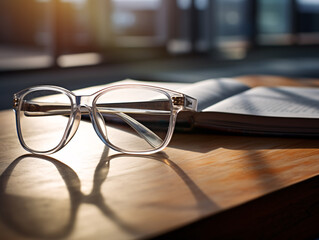A pair of clear glasses sits on a wooden table next to a book. The glasses are positioned in such a way that they cast a shadow on the table, creating a sense of depth and dimension - Powered by Adobe