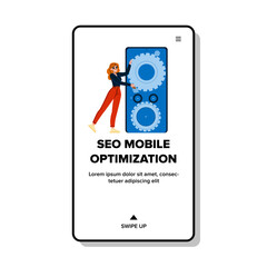 search seo mobile optimization vector. performance marketing, phone website, research social search seo mobile optimization web flat cartoon illustration