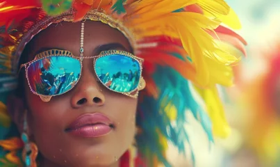Foto auf Acrylglas Beautiful girl on carnival with colorful face dress and sunglasses © Daniela