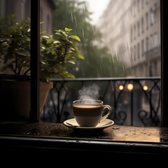 A steaming cup of coffee on a rainy windowsill.