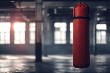 A solitary red punching bag suspended in a dimly lit, empty gym space.