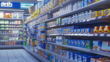 Rows of shelves with goods inside a supermarket.