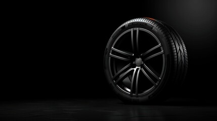 Car tire. Wheel black background. Website banner. Wheels store illustration.


