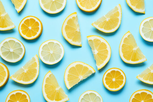 Explore the cool and refreshing world of lemon patterns on ice, set against a light blue background. AI generative