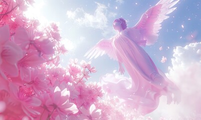 Statue with wings in a flowery surreal environment