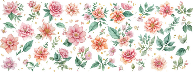 Vector floral bouquet design: garden pink peach lavender creamy powder pale Rose wax flower, anemone Eucalyptus branch greenery leaves berry. Wedding vector invite card Watercolor designer element set