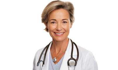 Happy smiling senior middle aged female doctor with stethoscope, isolated on transparent background