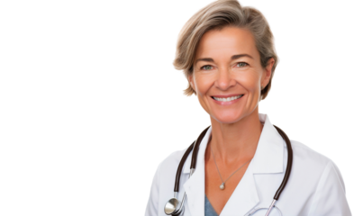 Happy smiling senior middle aged female doctor with stethoscope, isolated on transparent background