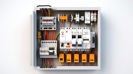Electrical component and equipment. CIrcuit breaker, electric meter, cables, light bulb isolated on white. 3d illustration.


